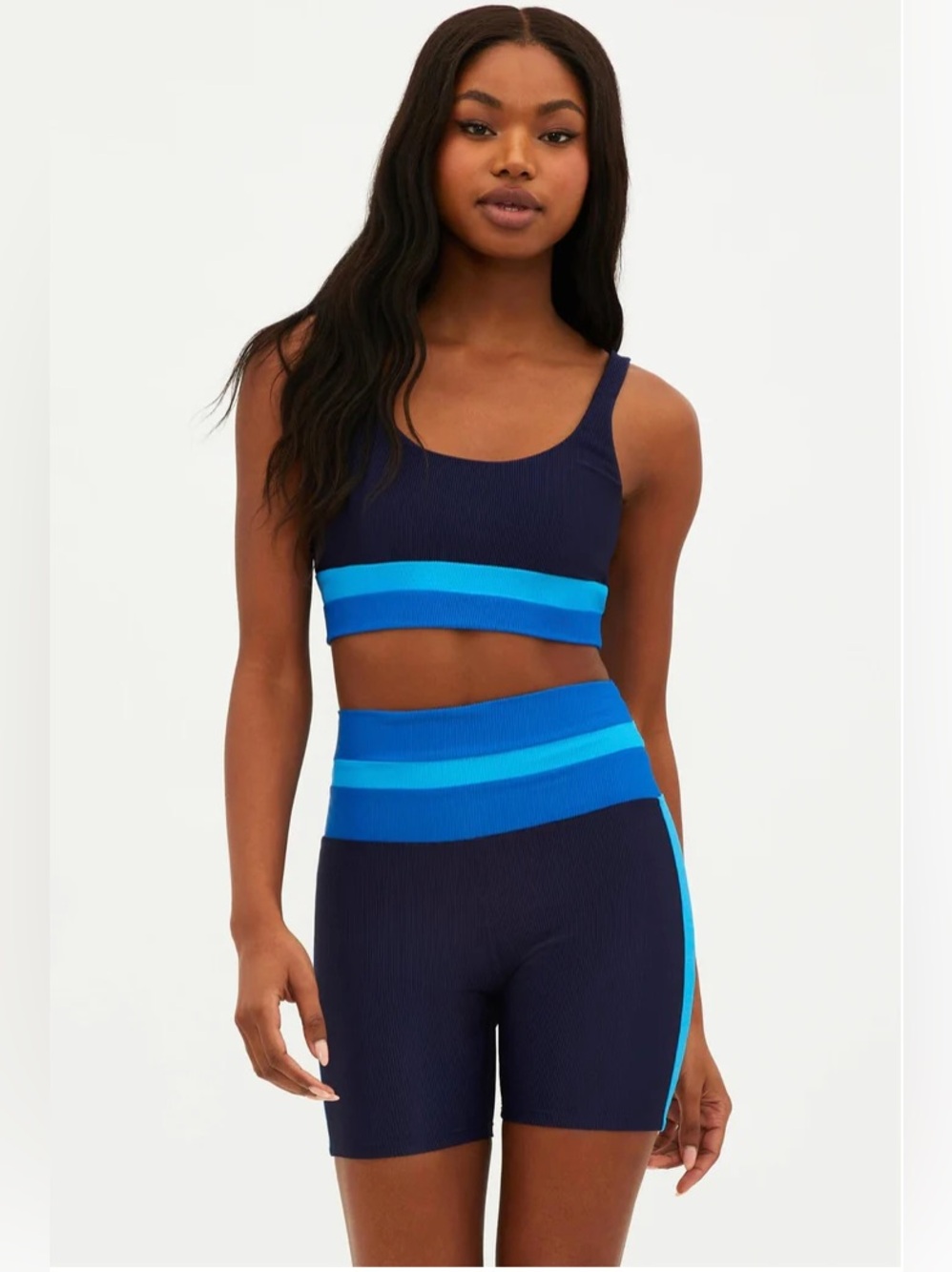 Beach Riot Samantha Short. Navy and Bright Blue Ribbed High-Waist Bike Shorts